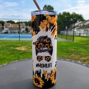 Mom Life Sunflower 20oz Stainless Steel Tumbler with Metal Straw
